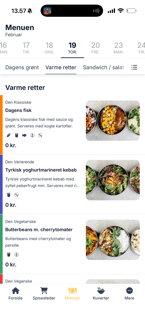 Comunchi app, menu