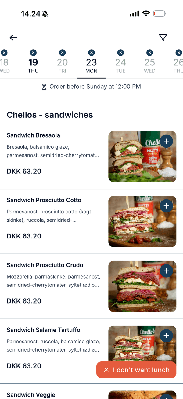 Comunchi app, menuoversigt