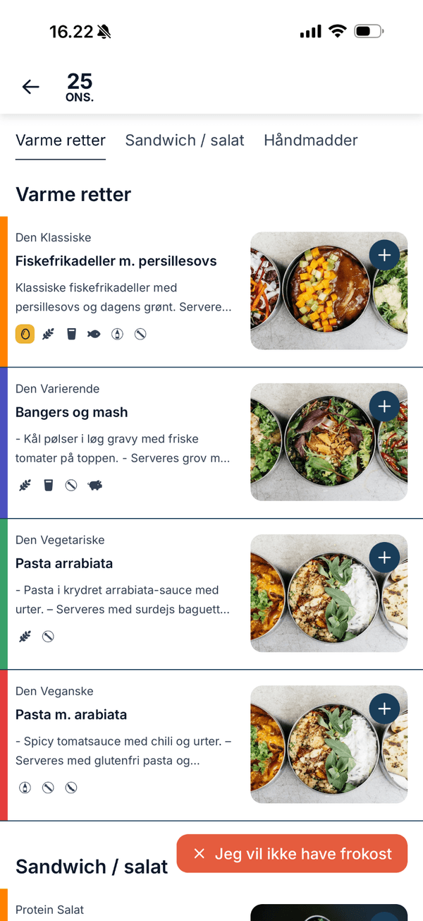 Comunchi app - daglig menu med 9 valgmuligheder