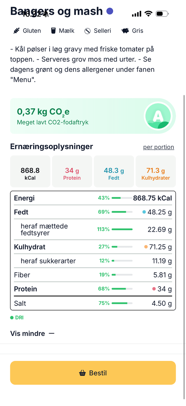 Comunchi app - ernæringsoplysninger og CO₂-måling